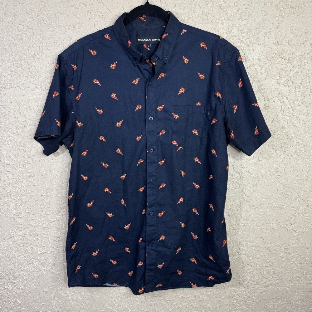 Molokai Surf Co Shirt Mens Large Pizza Novelty Print Short Sleeve‎ Button-Down